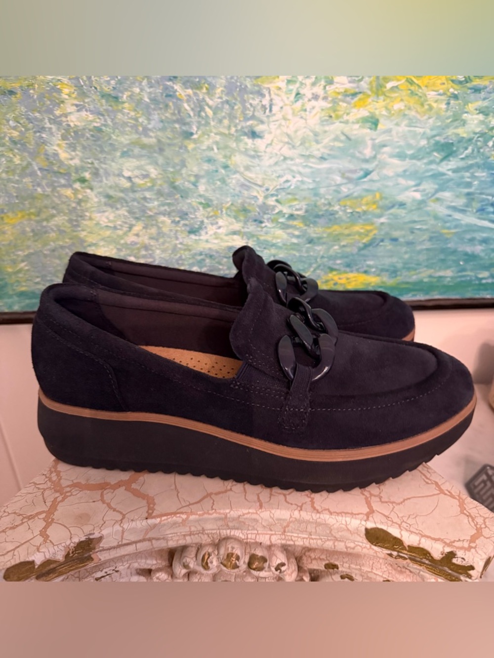 Clarks Navy Suede Platform Loafers with Black Chain Accent